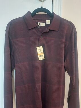 Haggar Men's Burgundy Plaid Long-Sleeve Polo